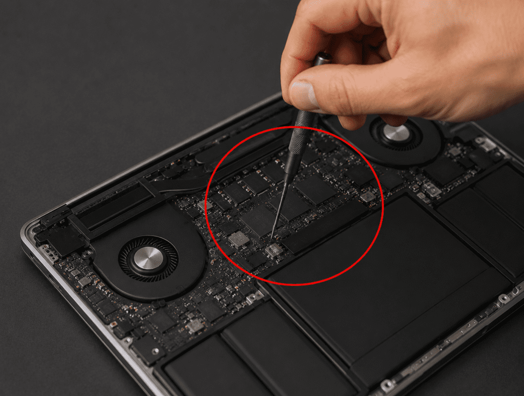 Geöffnetes MacBook Logicboard zur professionellen Reparatur
