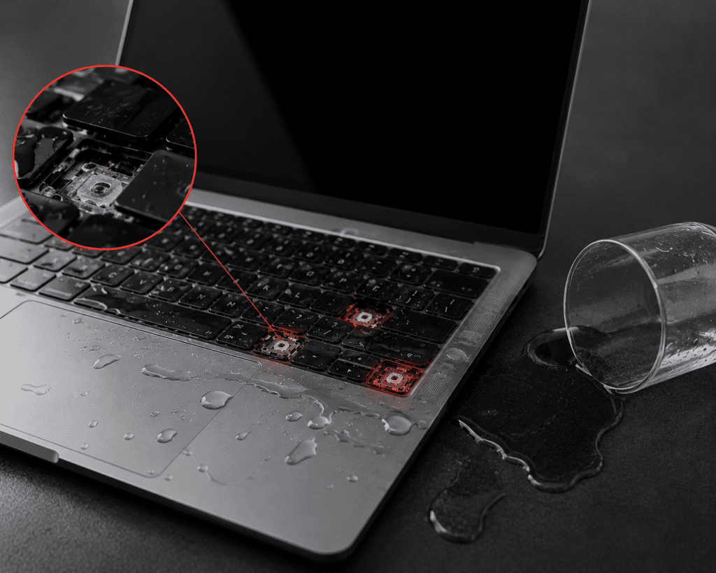 MacBook mit Flüssigkeitsschaden an der Tastatur zur Diagnose vorbereitet