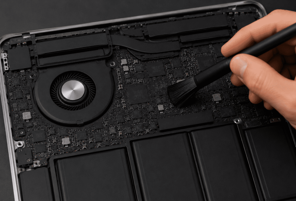 Professionelle Innenreinigung eines MacBook Logicboards
