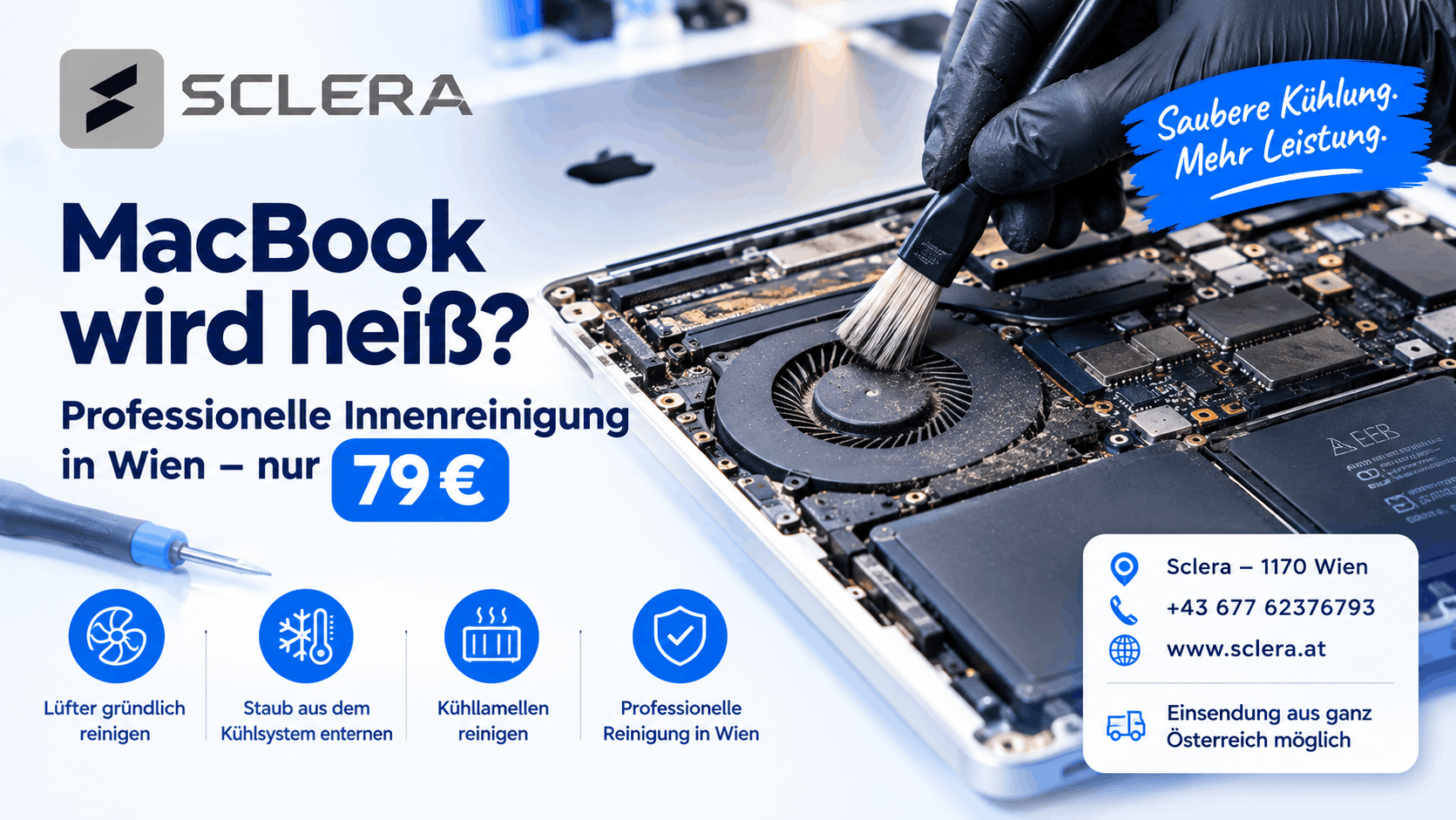 Sclera MacBook Innenreinigung in Wien – Lüfter und Kühlsystem reinigen für 79 €