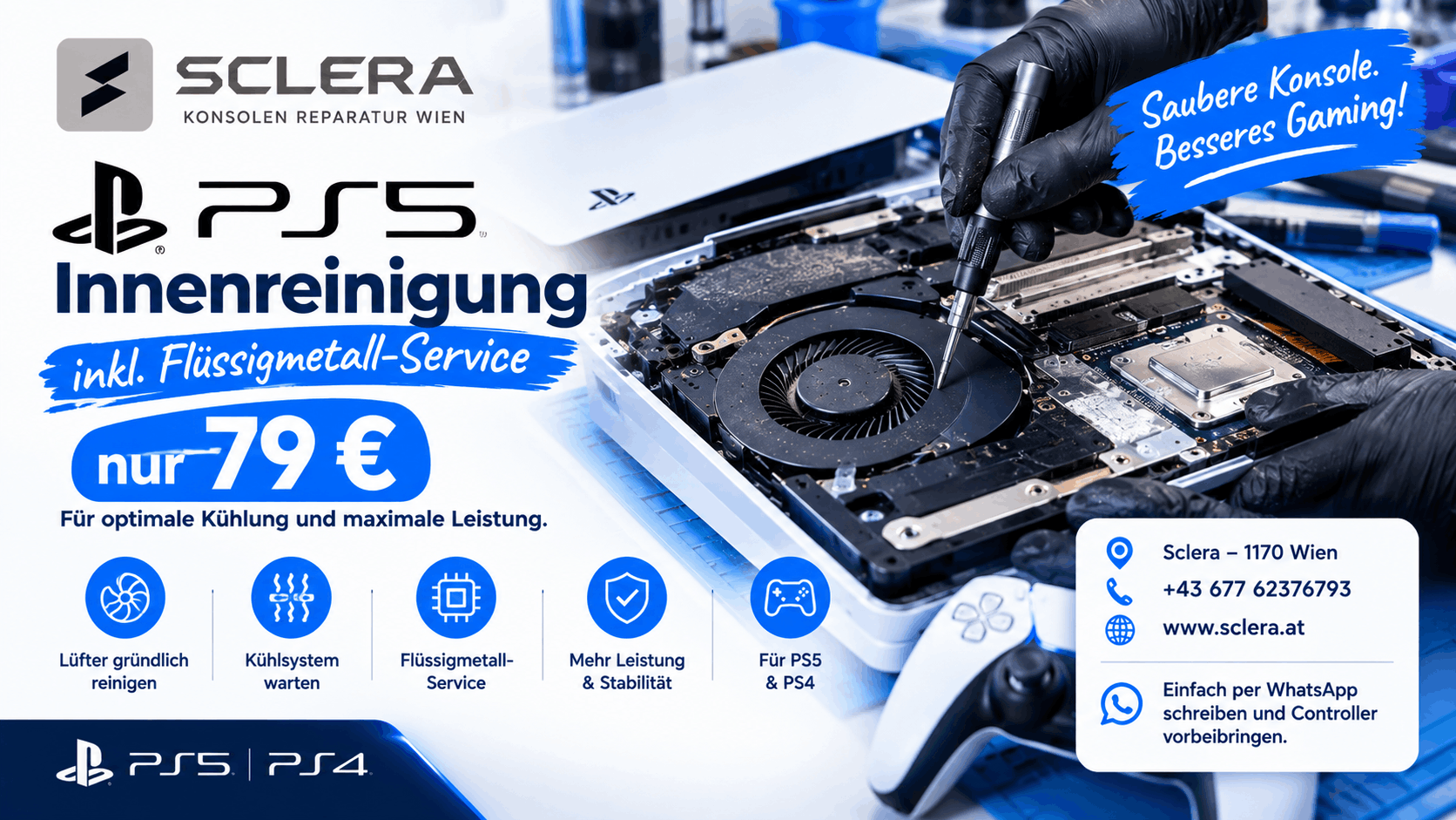 PS5 Innenreinigung inklusive Flüssigmetall-Service bei Sclera in Wien
